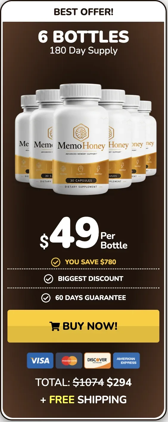 MemoHoney 6 bottle package, 180 day supply, $49 per bottle, best value